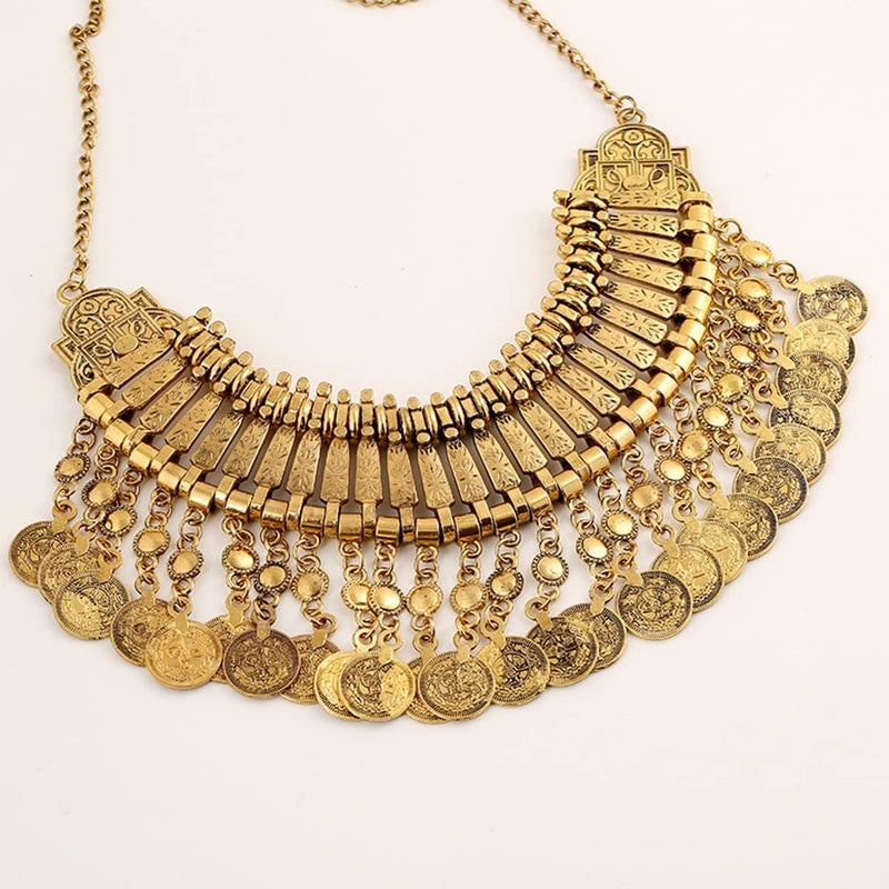 CCBFY Long Tassel Chunky Boho Coin Statement Necklace For Women Silver - Image 4
